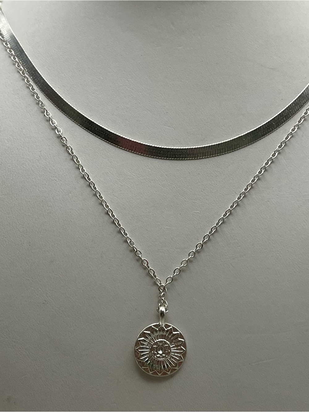 Silver Layered Necklace Set Herringbone Choker + Sun Medallion Pendant Boho Mini